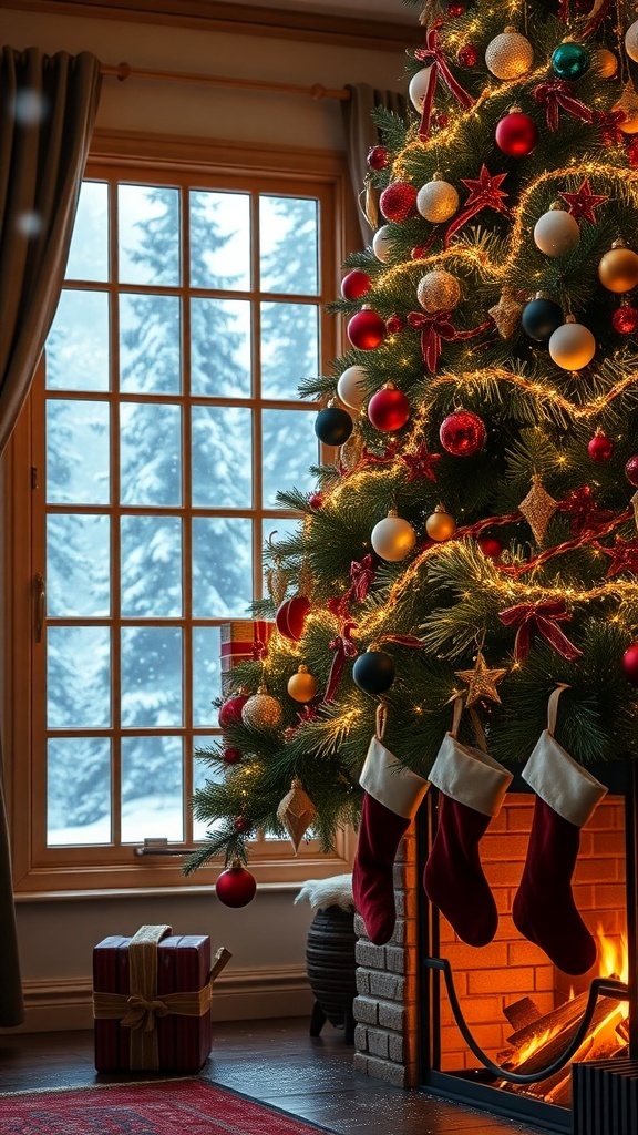 HD Christmas background with a decorated tree, fireplace, and falling snow.